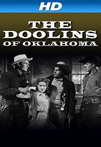 Randolph Scott در صحنه فیلم سینمایی The Doolins of Oklahoma به همراه Noah Beery Jr.، Frank Fenton و Dona Drake