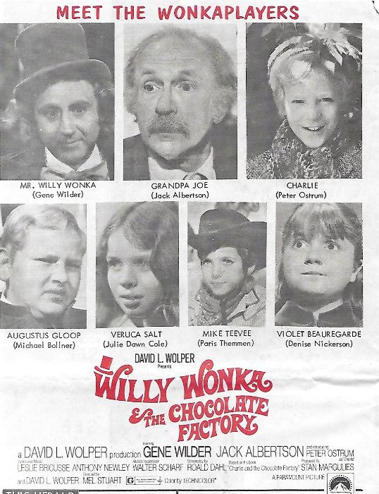 جین وایلدر در صحنه فیلم سینمایی ویلی ونکا و کارخانه شکلات سازی به همراه Jack Albertson، Peter Ostrum، Julie Dawn Cole، Denise Nickerson و Michael Bollner