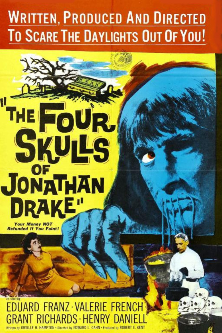 Henry Daniell در صحنه فیلم سینمایی The Four Skulls of Jonathan Drake به همراه Valerie French و Eduard Franz