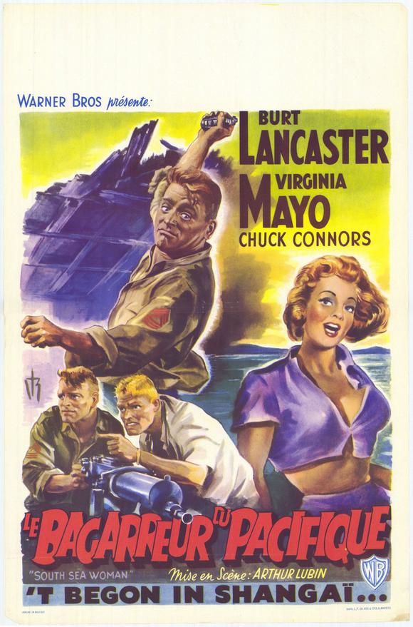 Chuck Connors در صحنه فیلم سینمایی South Sea Woman به همراه Burt Lancaster و Virginia Mayo
