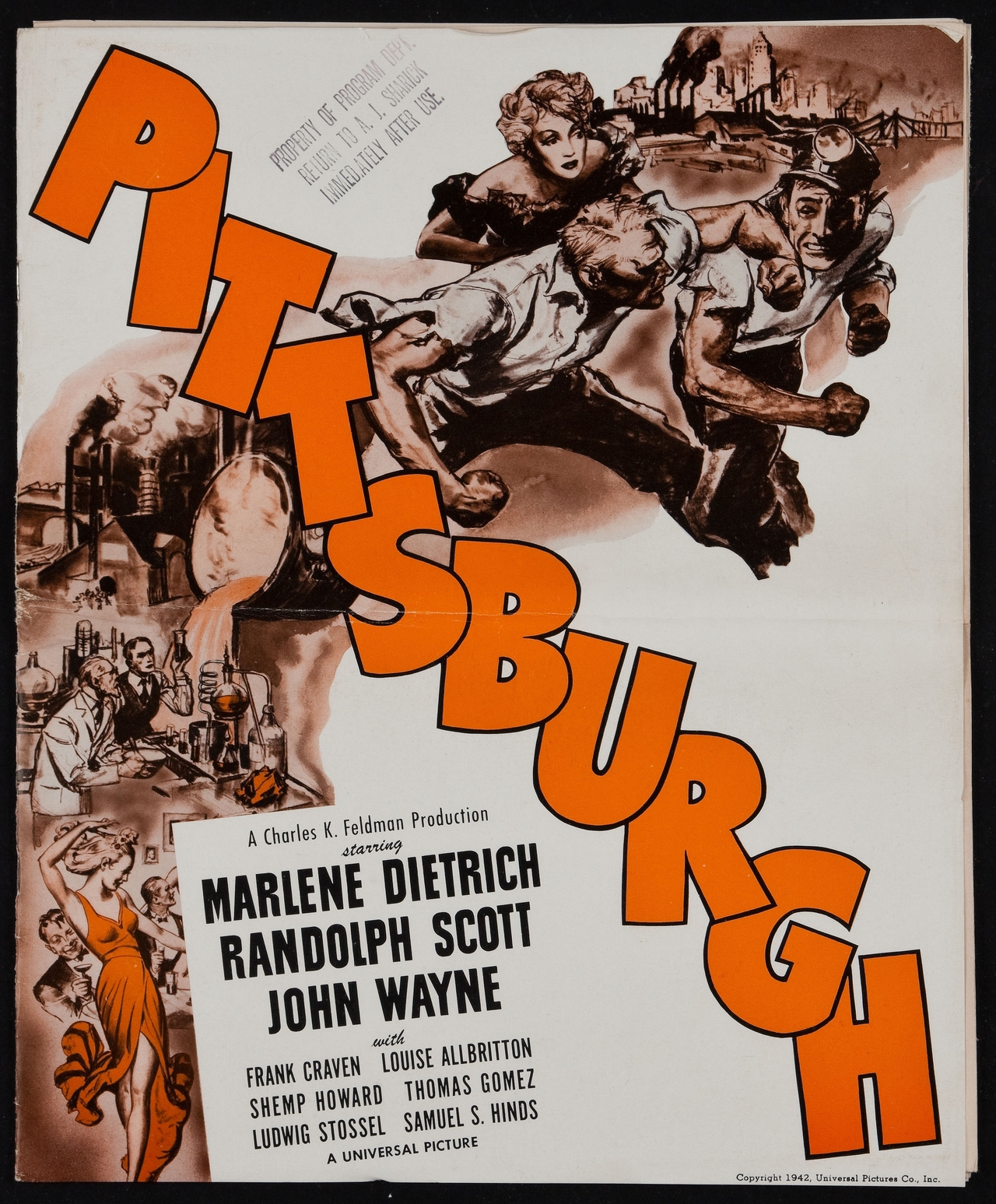 Randolph Scott در صحنه فیلم سینمایی Pittsburgh به همراه John Wayne و مارلنه دیتریش