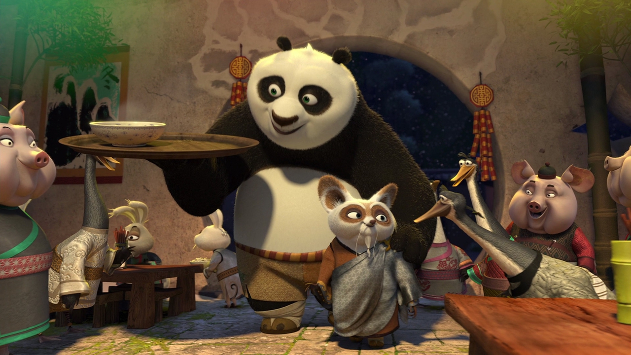 James Hong در صحنه فیلم سینمایی Kung Fu Panda Holiday به همراه جک بلک