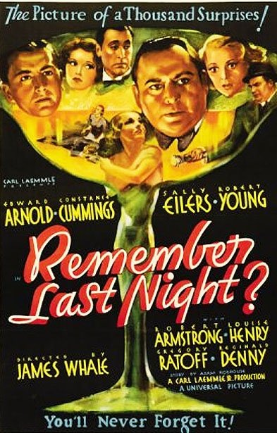 Sally Eilers در صحنه فیلم سینمایی Remember Last Night? به همراه Reginald Denny، George Meeker، Robert Armstrong، Constance Cummings، Edward Arnold و Robert Young