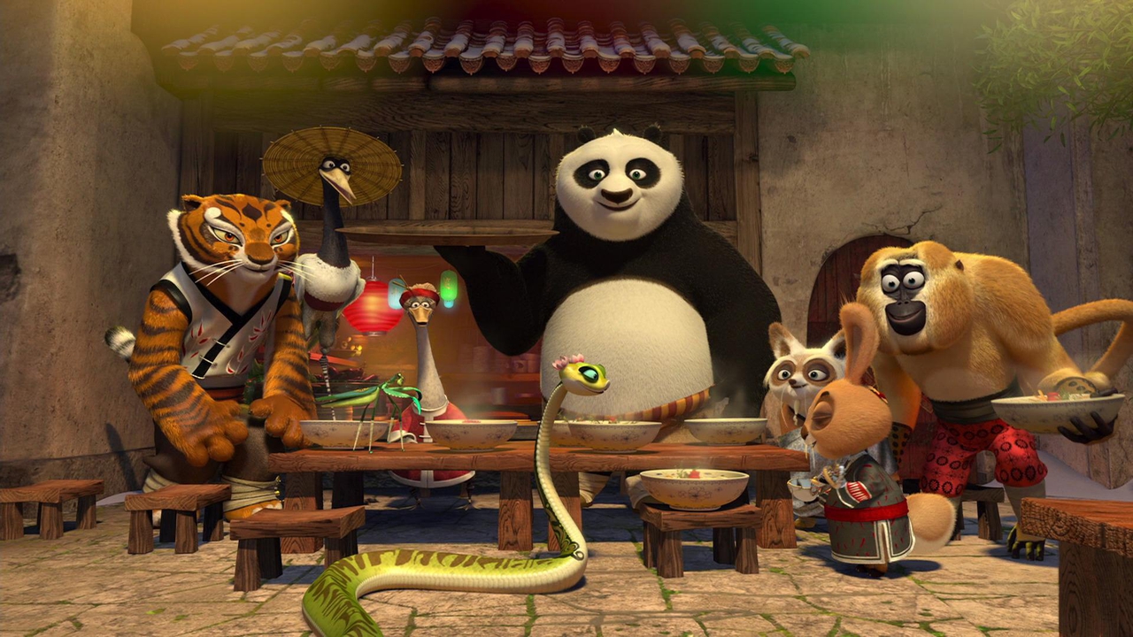 لوسی لیو در صحنه فیلم سینمایی Kung Fu Panda Holiday به همراه James Hong، آنجلینا جولی، داستین هافمن، Seth Rogen، جک بلک، جک برایر، جکی چان و دیوید کراس