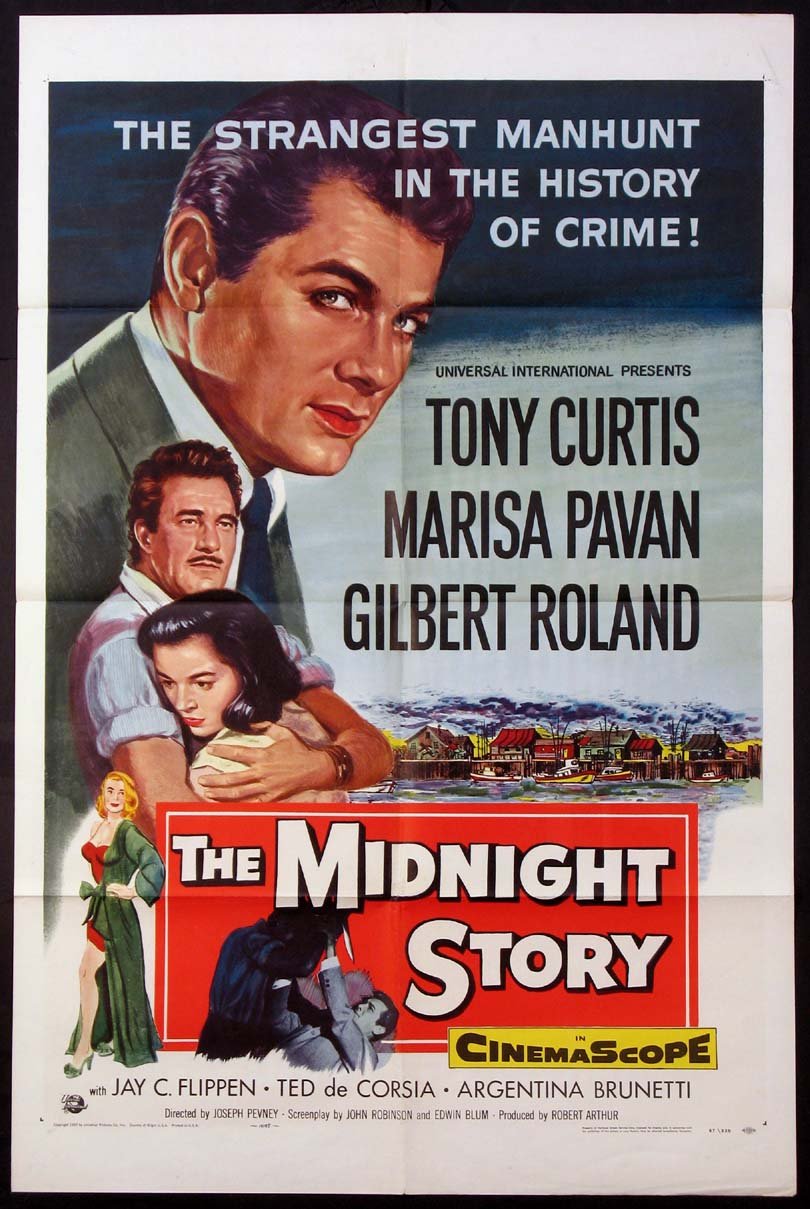 Gilbert Roland در صحنه فیلم سینمایی The Midnight Story به همراه Marisa Pavan، Peggy Maley و تونی کرتیس