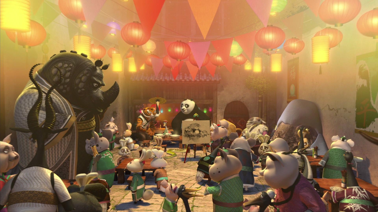 دیوید کراس در صحنه فیلم سینمایی Kung Fu Panda Holiday به همراه James Hong، آنجلینا جولی، لوسی لیو، Jonathan Groff، جک بلک و Seth Rogen