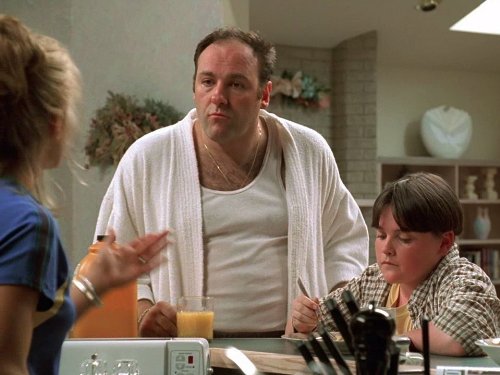 Robert Iler در صحنه سریال تلویزیونی سوپرانوز به همراه Edie Falco و James Gandolfini