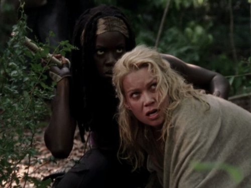 Laurie Holden در صحنه سریال تلویزیونی مردگان متحرک به همراه دانای گوریرا