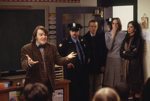 Mike White در صحنه فیلم سینمایی مدرسه راک به همراه جک بلک، Sarah Silverman و جون کیوسک