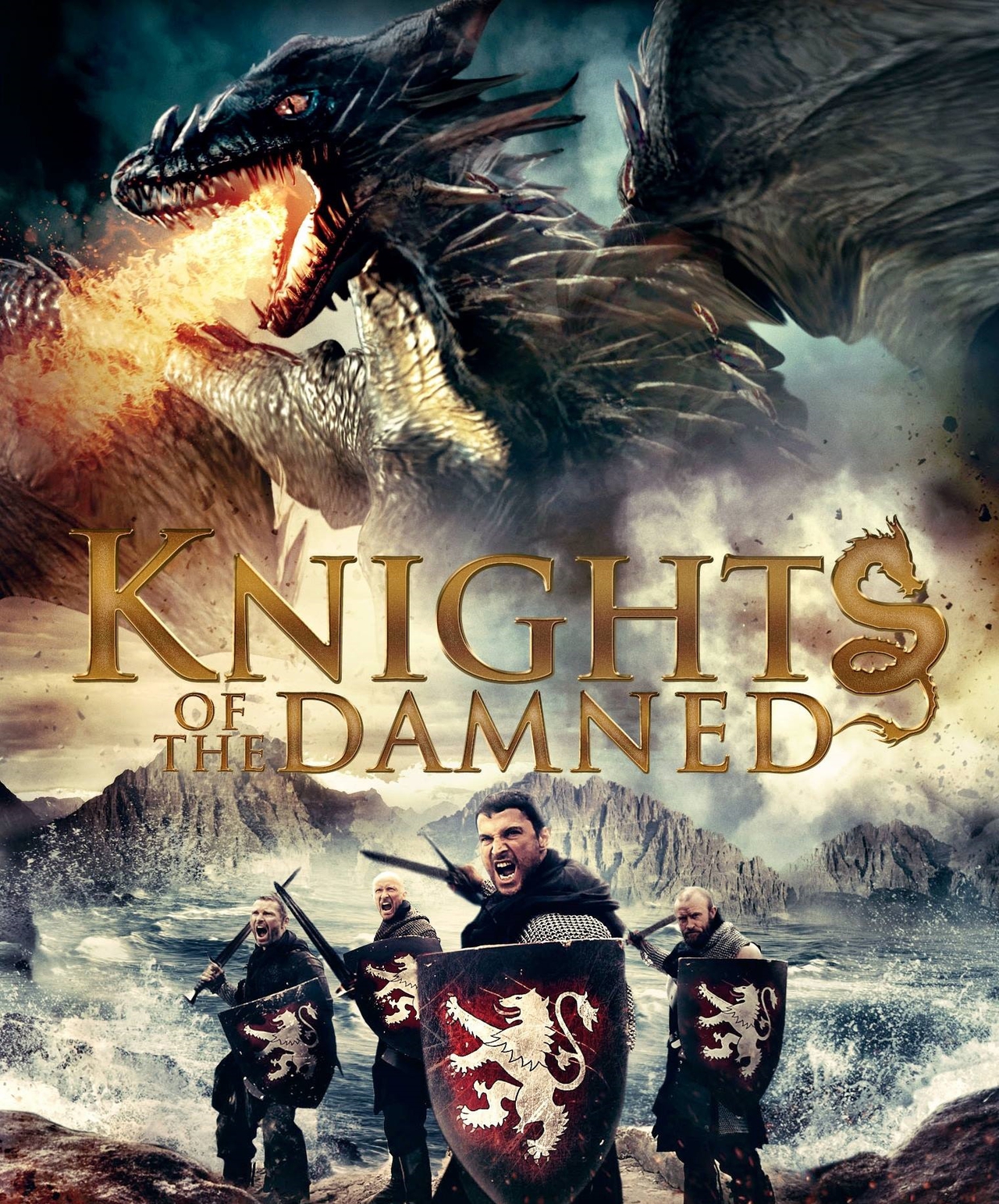 Adrian Bouchet در صحنه فیلم سینمایی Knights of the Damned به همراه Ross O'Hennessy، Ben Loyd-Holmes و Silvio Simac