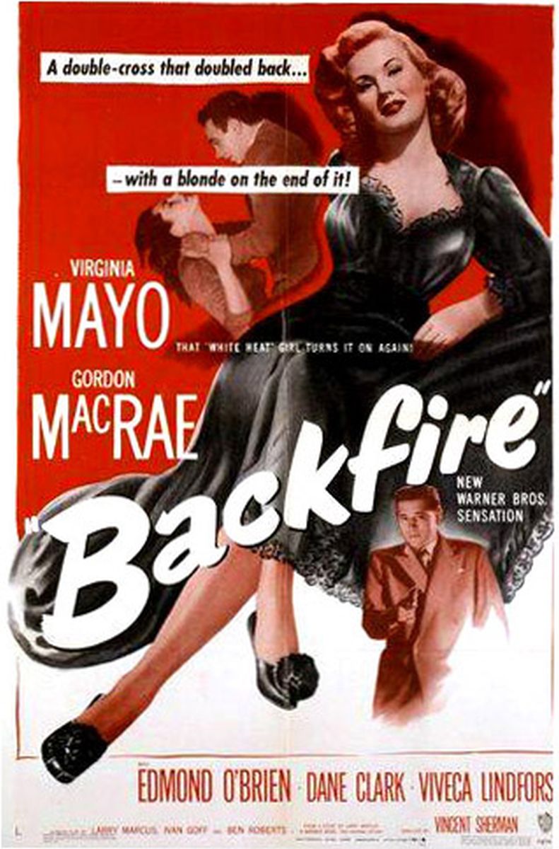 Virginia Mayo در صحنه فیلم سینمایی Backfire به همراه Gordon MacRae و Dane Clark