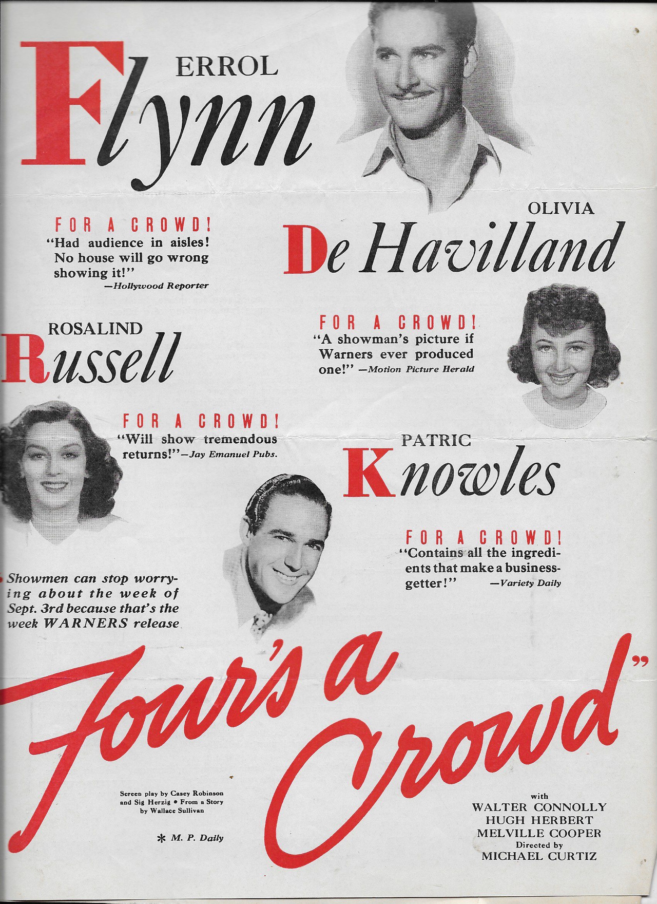 Errol Flynn در صحنه فیلم سینمایی Four's a Crowd به همراه Rosalind Russell، Patric Knowles و Olivia de Havilland