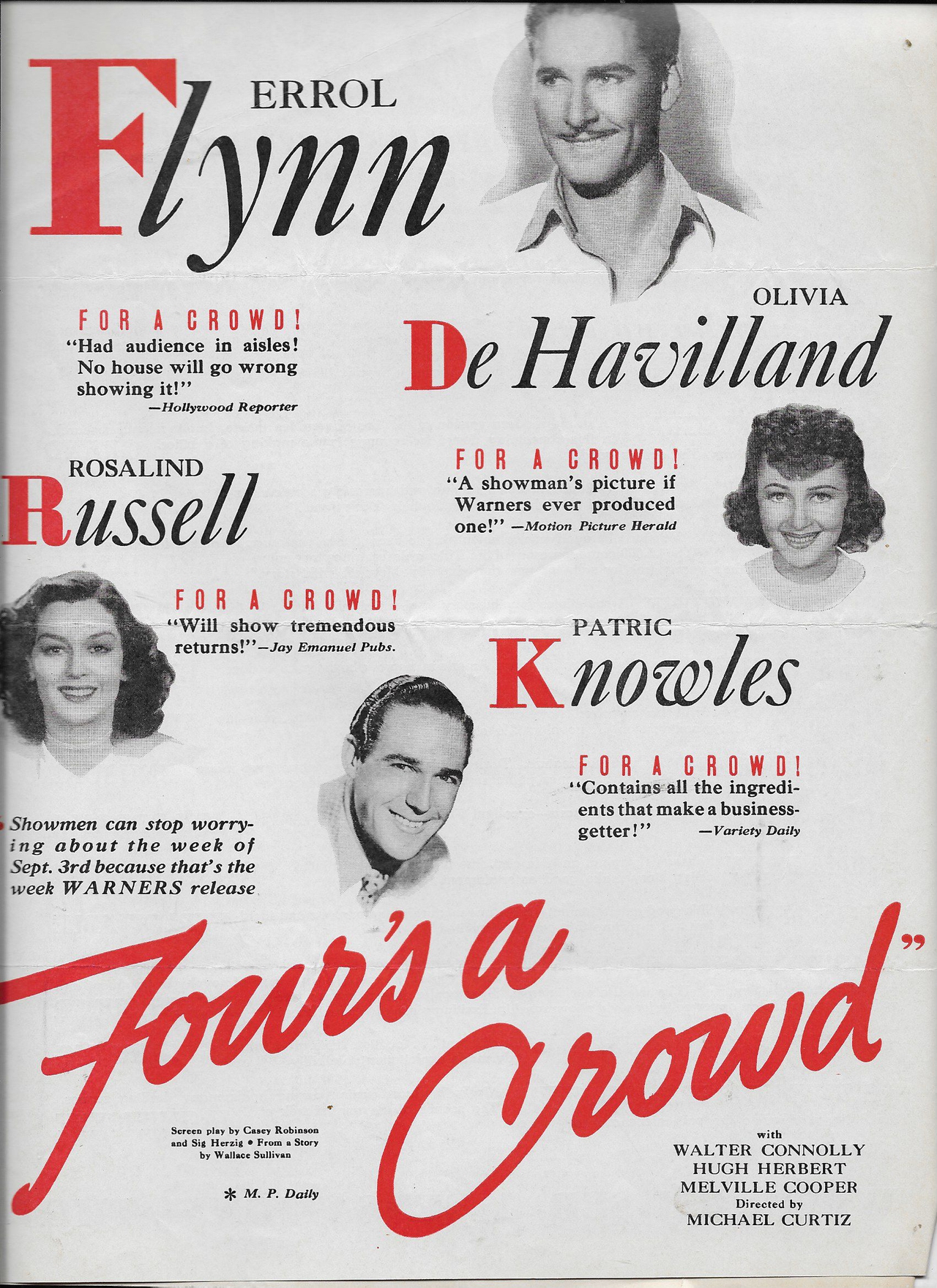 Rosalind Russell در صحنه فیلم سینمایی Four's a Crowd به همراه Errol Flynn، Patric Knowles و Olivia de Havilland