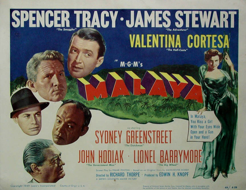 Lionel Barrymore در صحنه فیلم سینمایی Malaya به همراه Spencer Tracy، جیمزاستوارت، Valentina Cortese، John Hodiak و Sydney Greenstreet
