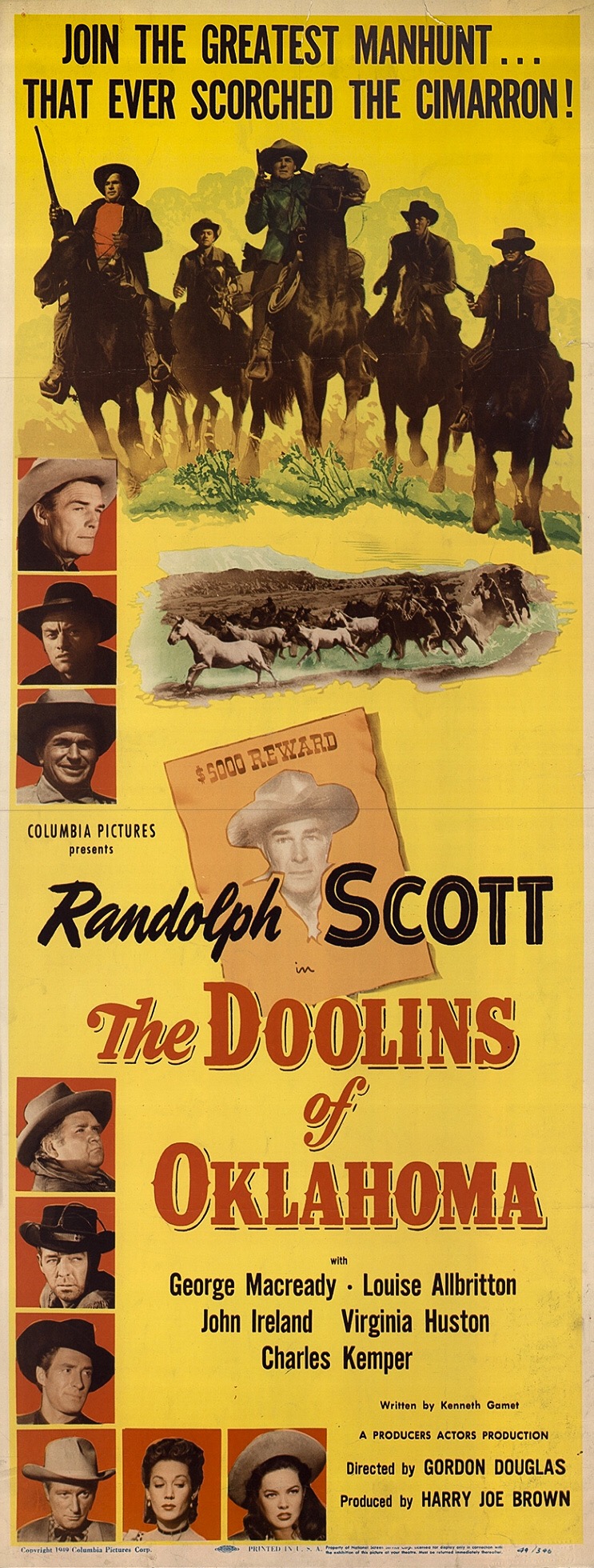 Randolph Scott در صحنه فیلم سینمایی The Doolins of Oklahoma به همراه Dona Drake، Frank Fenton، Noah Beery Jr.، Charles Kemper، Louise Allbritton، Jock Mahoney، جان آیرلند و Robert Osterloh