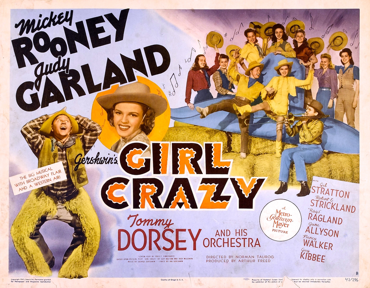 Frances Rafferty در صحنه فیلم سینمایی Girl Crazy به همراه جودی گارلند، Tommy Dorsey و Mickey Rooney