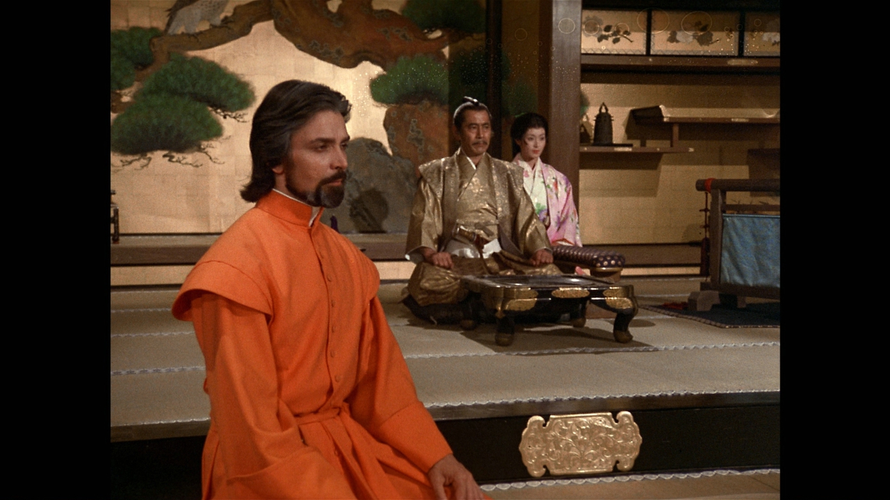 توشیرو میفونه در صحنه سریال تلویزیونی Shogun به همراه Damien Thomas