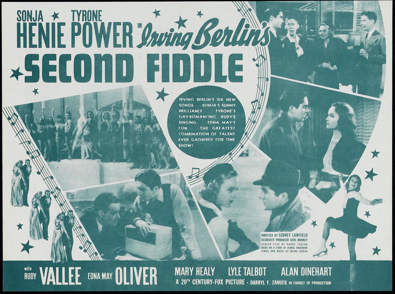 Sonja Henie در صحنه فیلم سینمایی Second Fiddle به همراه Rudy Vallee، Edna May Oliver، Mary Healy، Tyrone Power و Alan Dinehart