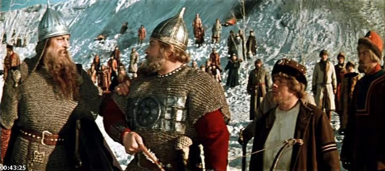 Georgi Dyomin در صحنه فیلم سینمایی The Sword and the Dragon به همراه Boris Andreyev و Mikhail Pugovkin