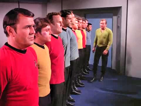 Walter Koenig در صحنه سریال تلویزیونی Star Trek: Deep Space Nine به همراه James Doohan، William Shatner، Alexander Siddig و Colm Meaney