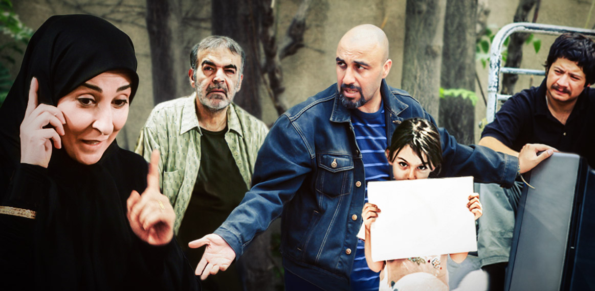 حمید لولایی در صحنه سریال تلویزیونی بزنگاه به همراه علی صادقی، مرجانه گلچین و رضا عطاران