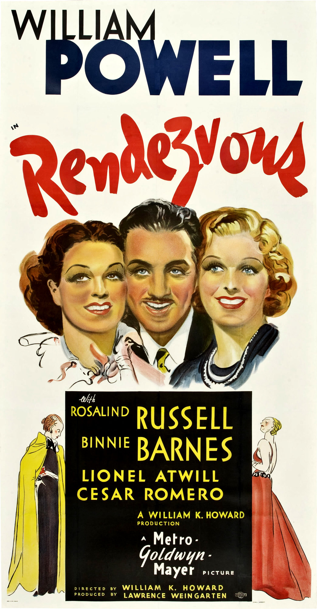 ویلیام پاول در صحنه فیلم سینمایی Rendezvous به همراه Rosalind Russell و Binnie Barnes