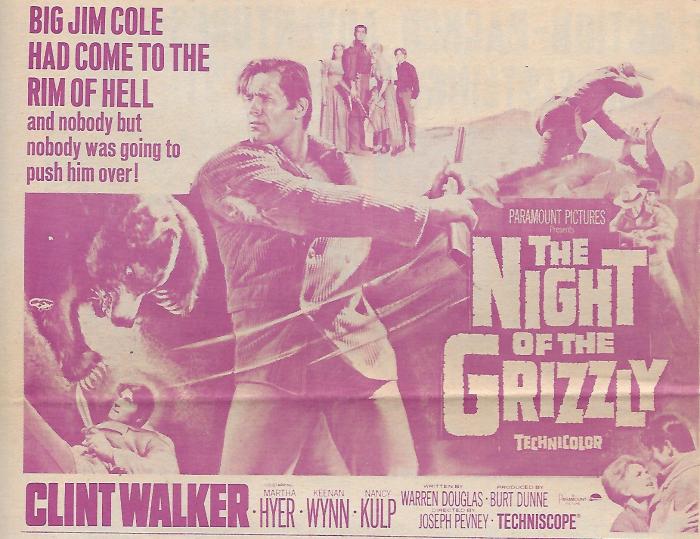 Martha Hyer در صحنه فیلم سینمایی The Night of the Grizzly به همراه Clint Walker
