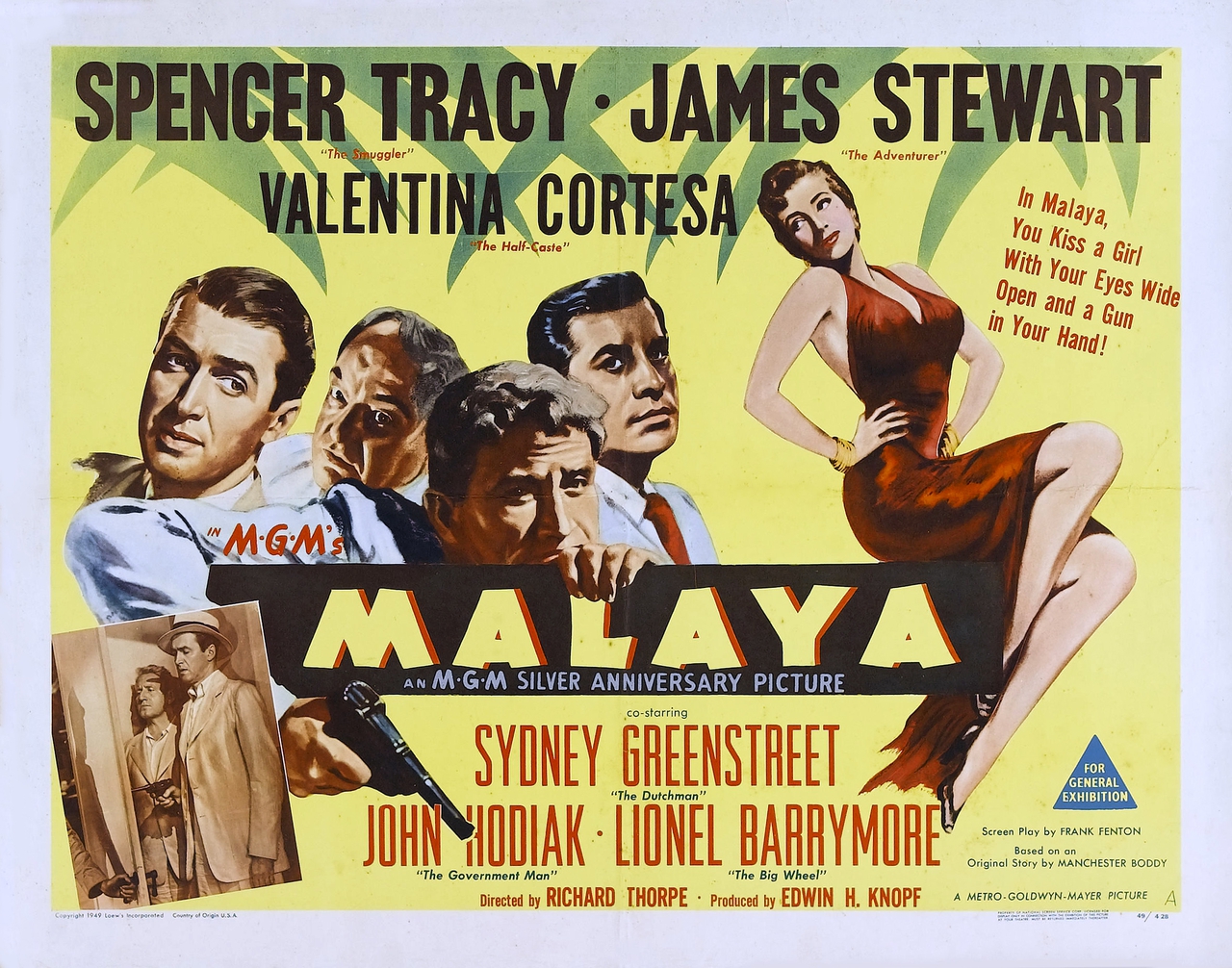 جیمزاستوارت در صحنه فیلم سینمایی Malaya به همراه Spencer Tracy، Valentina Cortese، John Hodiak و Sydney Greenstreet