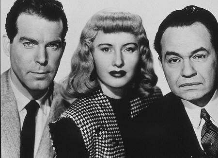 فرد مک  موری در صحنه فیلم سینمایی غرامت مضاعف به همراه Edward G. Robinson و Barbara Stanwyck