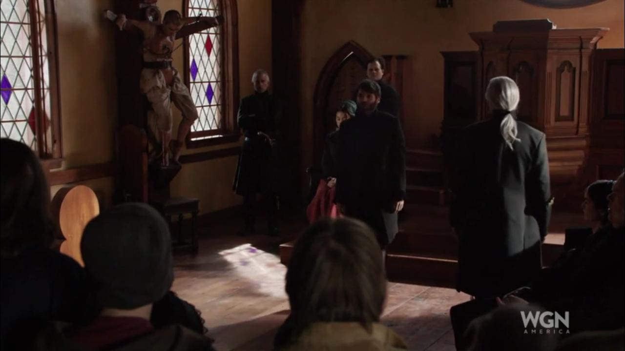 Seth Gabel در صحنه سریال تلویزیونی Salem به همراه Jon Arthur و زاندر برکلی