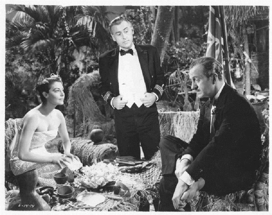 Stewart Granger در صحنه فیلم سینمایی The Little Hut به همراه دیوید نیون و Ava Gardner