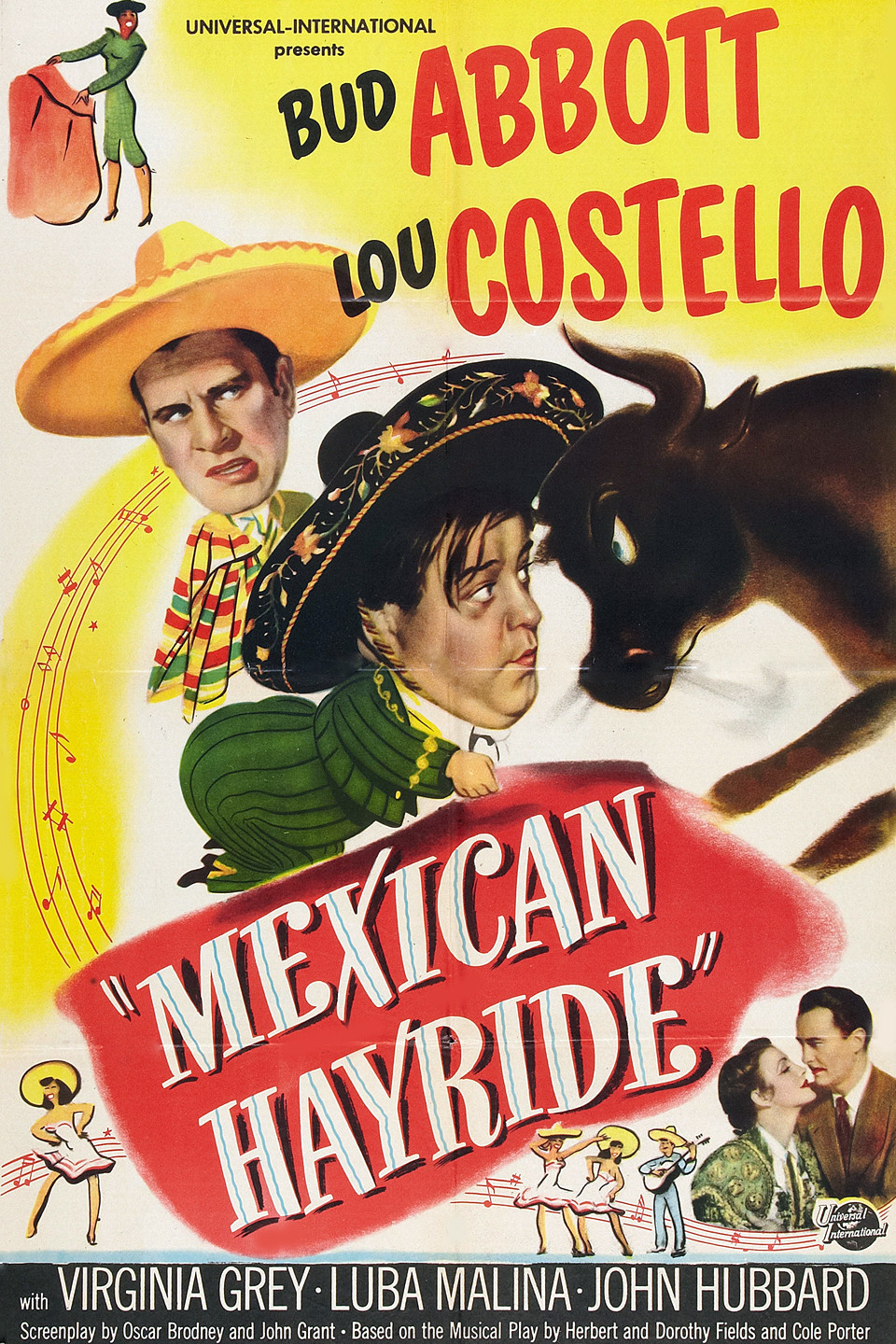 Bud Abbott در صحنه فیلم سینمایی Mexican Hayride به همراه Luba Malina، Virginia Grey، Lou Costello و John Hubbard