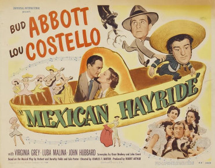 Virginia Grey در صحنه فیلم سینمایی Mexican Hayride به همراه Bud Abbott، Lou Costello و John Hubbard