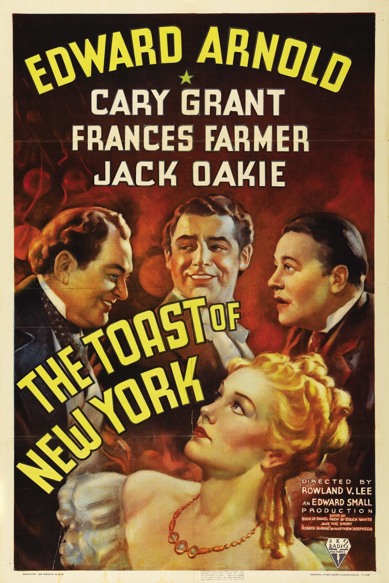 Jack Oakie در صحنه فیلم سینمایی The Toast of New York به همراه Frances Farmer، Edward Arnold و کری گرانت