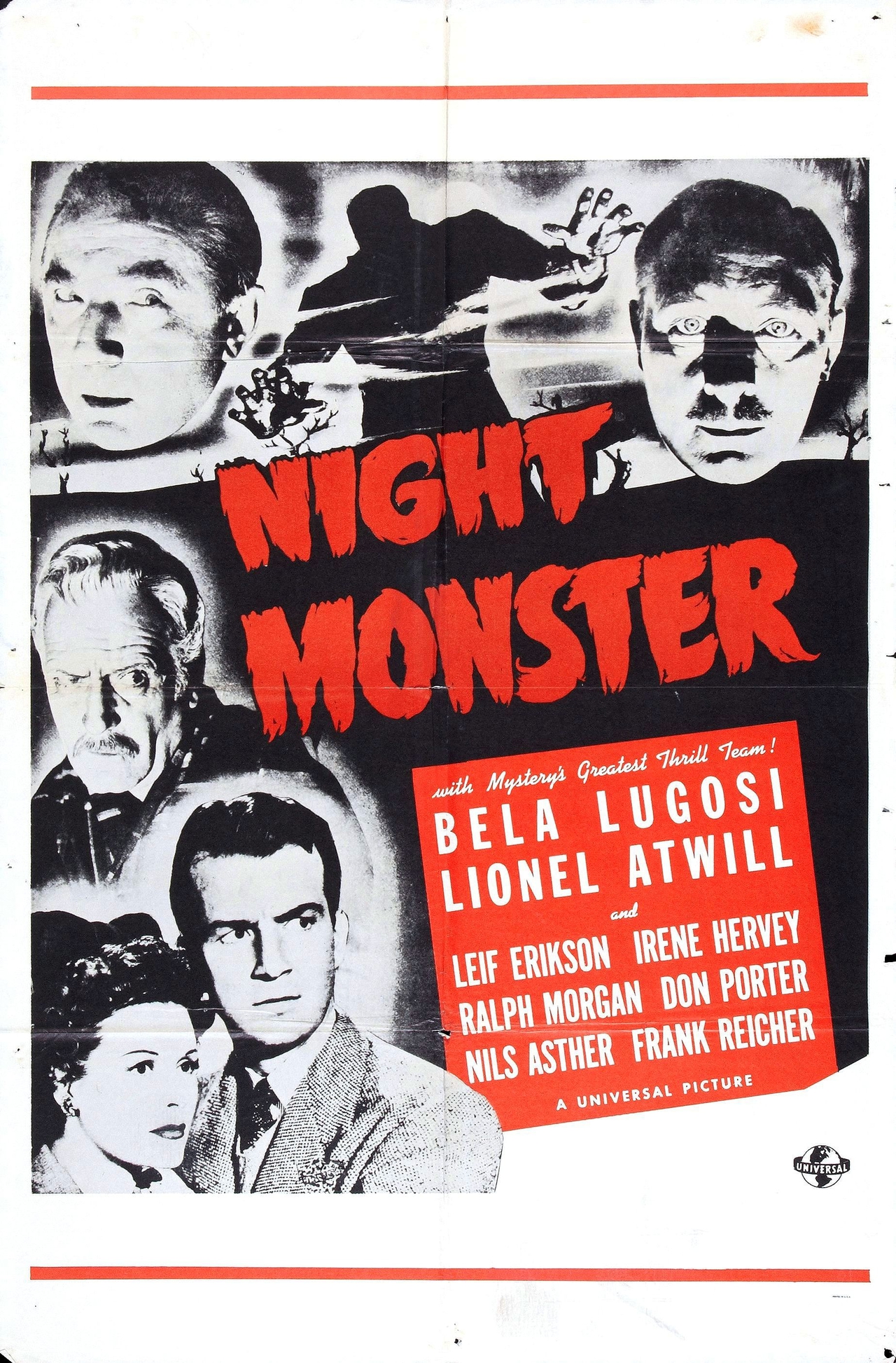 Irene Hervey در صحنه فیلم سینمایی Night Monster به همراه Lionel Atwill، Ralph Morgan، Don Porter و Bela Lugosi