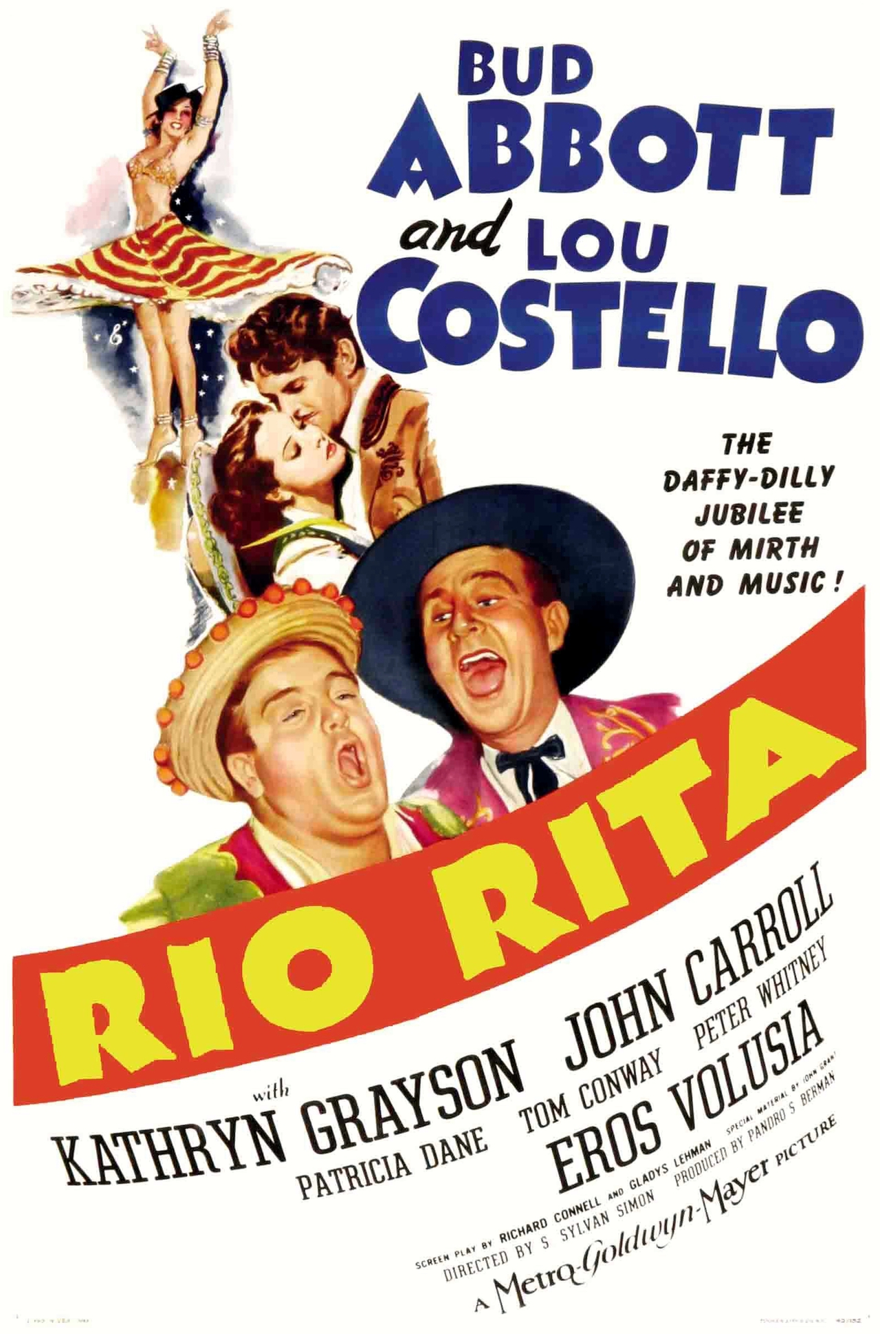 John Carroll در صحنه فیلم سینمایی Rio Rita به همراه Kathryn Grayson، Bud Abbott و Lou Costello