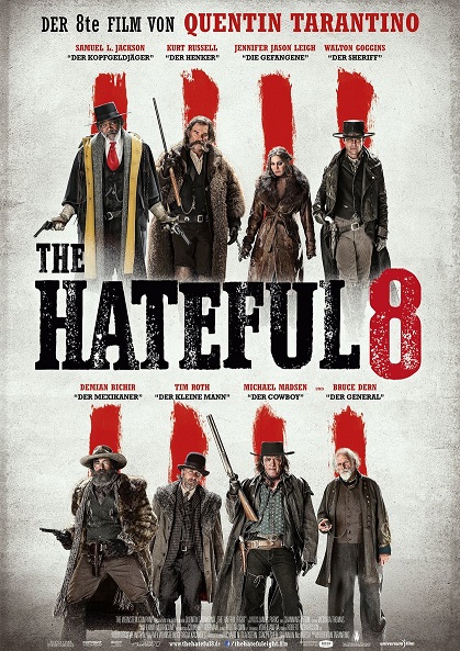 جیمز پارکس در صحنه فیلم سینمایی هشت نفرت انگیز به همراه مایکل مدسن، والتون گوگینس، ساموئل ال. جکسون، کرت راسل، جنیفر جیسن لی، تیم راث و بروس درن