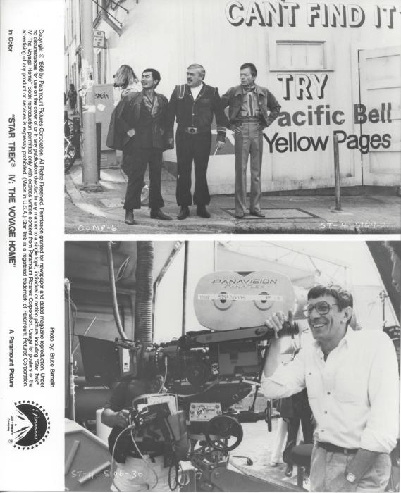 James Doohan در صحنه فیلم سینمایی پیشگامان فضا ۴: سفر به خانه به همراه George Takei، لئونارد نیموی و DeForest Kelley