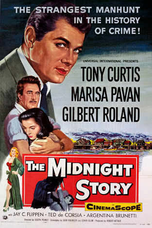 Peggy Maley در صحنه فیلم سینمایی The Midnight Story به همراه Marisa Pavan، Gilbert Roland و تونی کرتیس