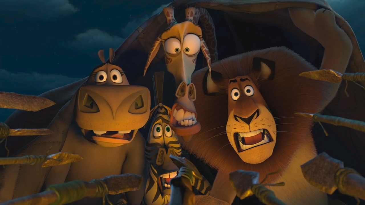 Chris Rock در صحنه فیلم سینمایی Merry Madagascar به همراه David Schwimmer، Ben Stiller و جادا پینکت اسمیت