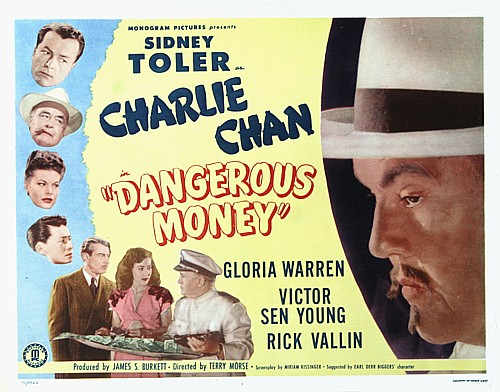 Sidney Toler در صحنه فیلم سینمایی Dangerous Money به همراه Joseph Crehan، Gloria Warren، Bruce Edwards، Tristram Coffin، Dick Elliott و Victor Sen Yung