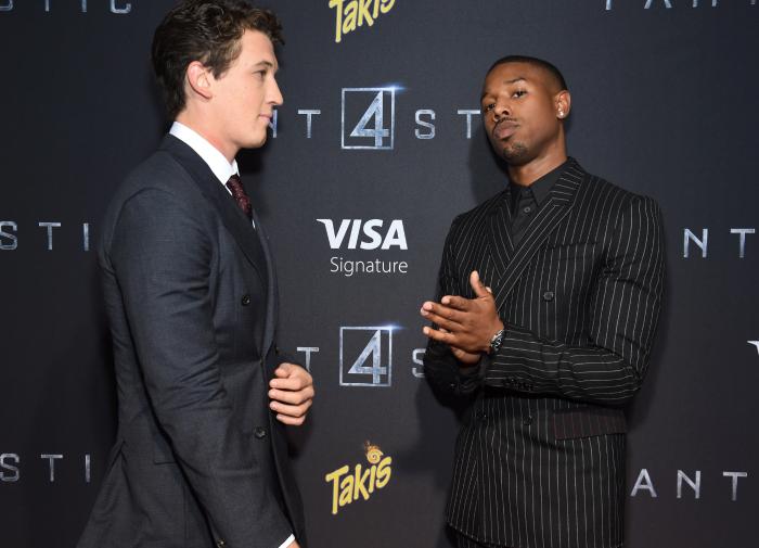 مایلز تلر در صحنه فیلم سینمایی چهار شگفت انگیز به همراه Michael B. Jordan