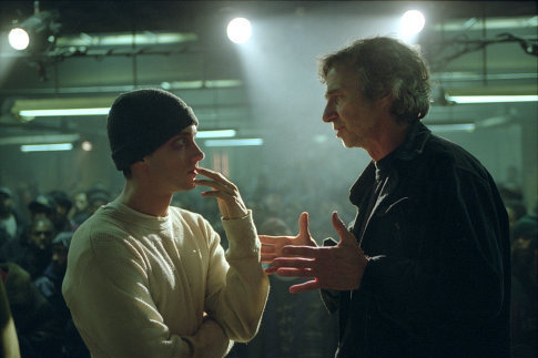 Eminem در صحنه فیلم سینمایی هشت مایل به همراه کرتیس هانسون