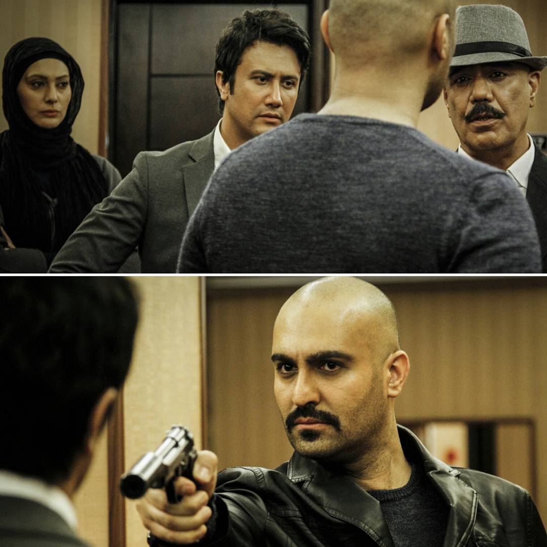 کاظم بلوچی در صحنه سریال تلویزیونی آمین به همراه شاهرخ استخری مراغه، نیما رئیسی و سودابه بیضایی