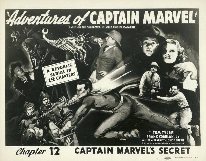 Louise Currie در صحنه فیلم سینمایی Adventures of Captain Marvel به همراه Frank Coghlan Jr.، Tom Tyler، William 'Billy' Benedict، Harry Worth و Bryant Washburn