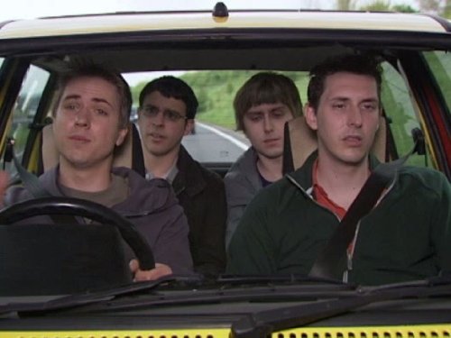 James Buckley در صحنه سریال تلویزیونی The Inbetweeners به همراه Blake Harrison، Simon Bird و Joe Thomas