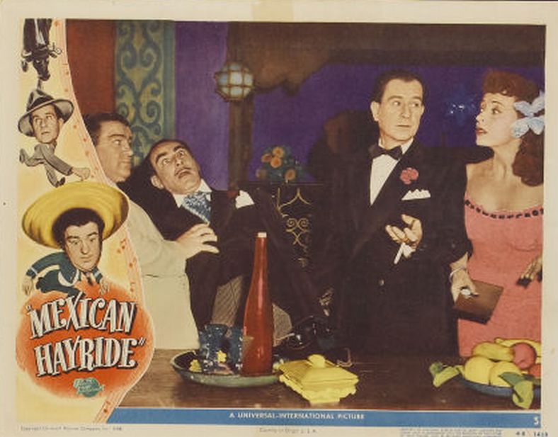 Bud Abbott در صحنه فیلم سینمایی Mexican Hayride به همراه Fritz Feld، Lou Costello و Luba Malina