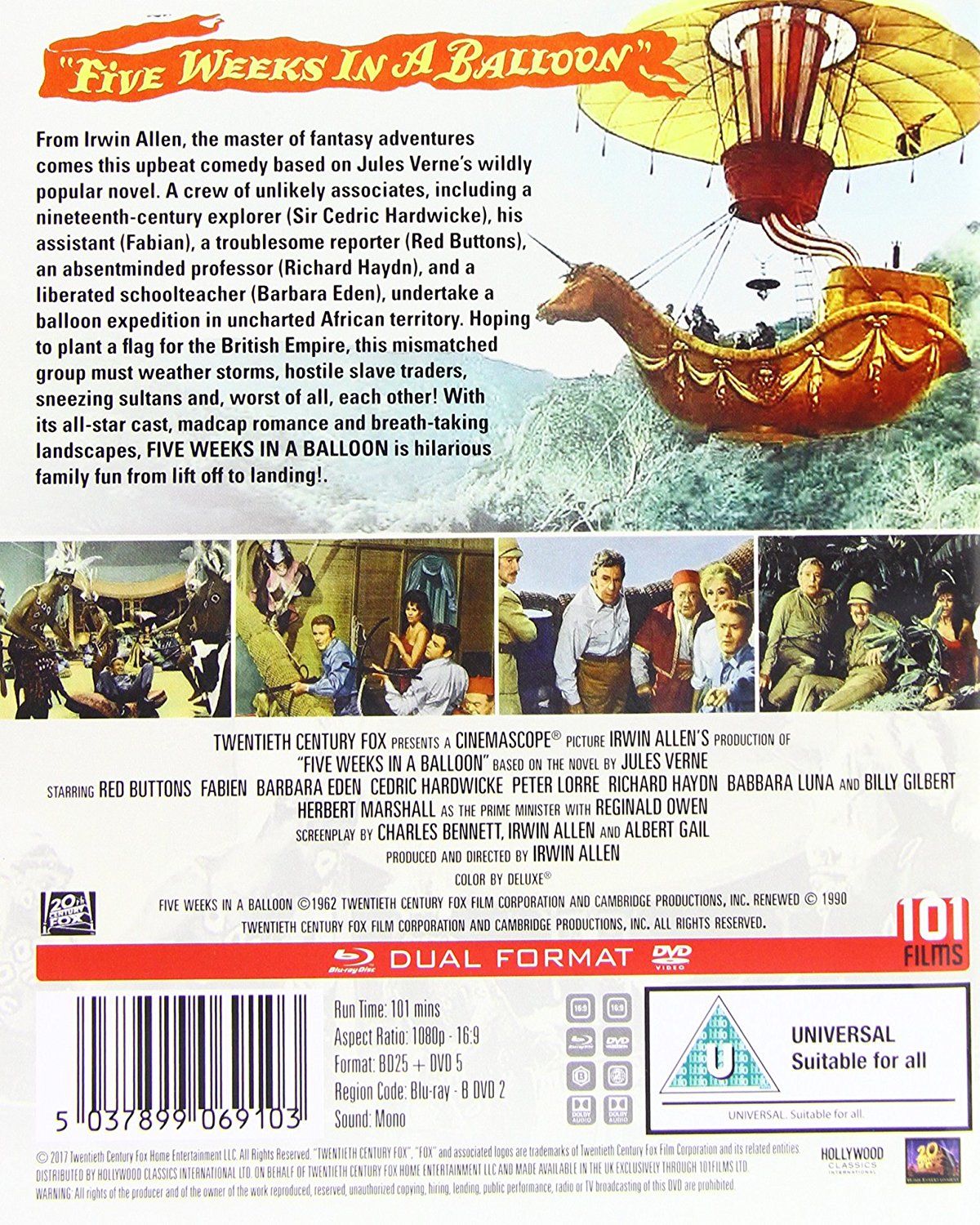 Peter Lorre در صحنه فیلم سینمایی Five Weeks in a Balloon به همراه سدریک هاردویک، BarBara Luna، Richard Haydn، رد باتنز، Fabian و Barbara Eden