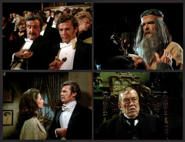 Roger Moore در صحنه فیلم سینمایی Sherlock Holmes in New York به همراه Patrick Macnee، جان هیوستون و Charlotte Rampling