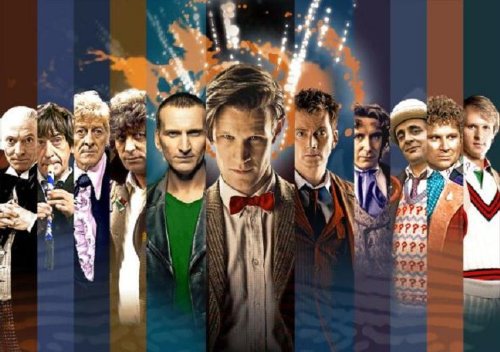 Christopher Eccleston در صحنه سریال تلویزیونی Doctor Who به همراه Tom Baker، Matt Smith، پل مک گان، دیوید تننت، William Hartnell، Patrick Troughton، Peter Davison، Sylvester McCoy و Jon Pertwee
